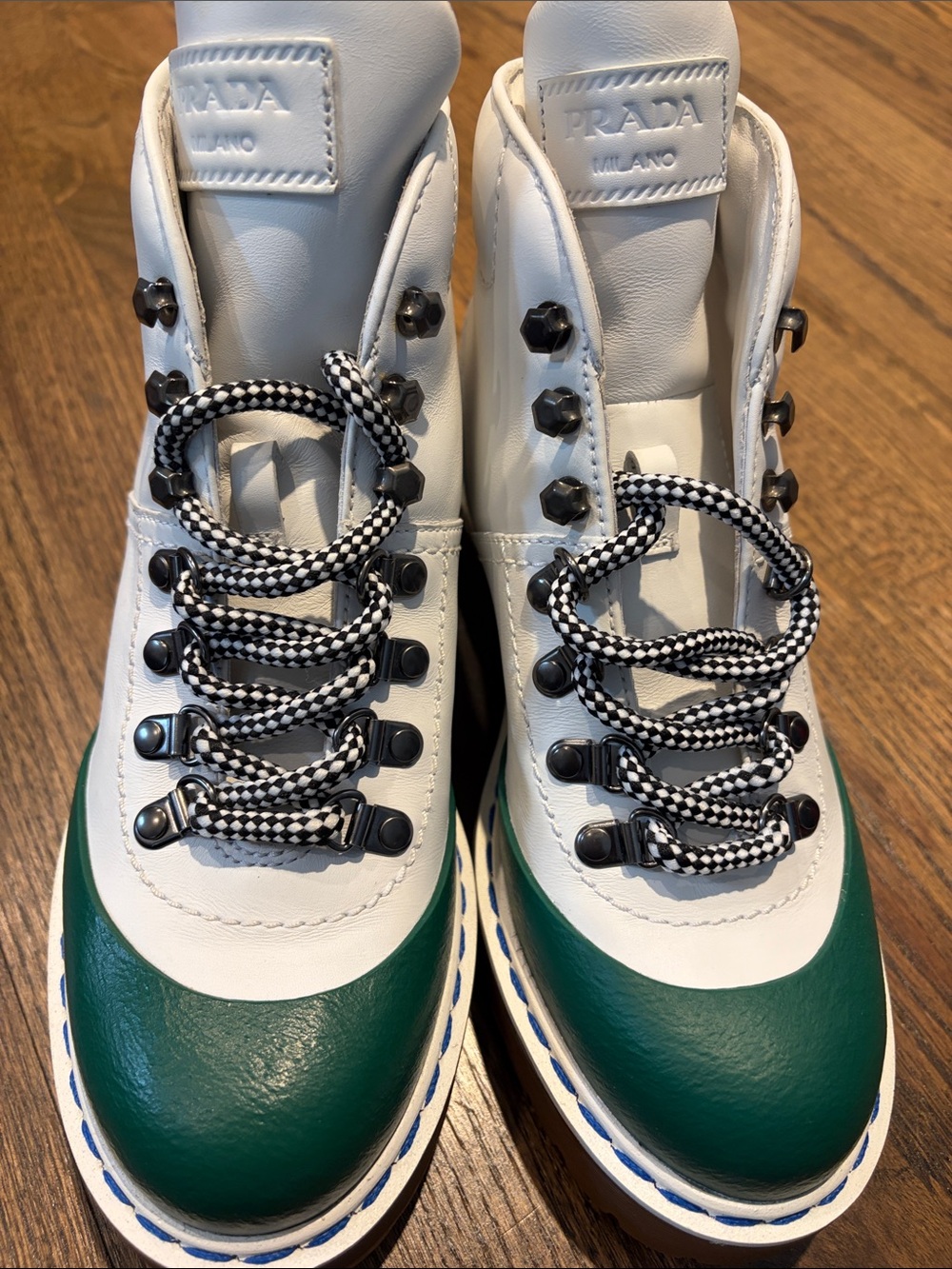 Prada White Leather Lace-Up Boots with Green Toe